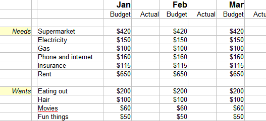 budget spreadsheet needs and wants