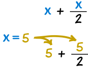 substitute x=5 into x+x/2 becomes 5+5/2 