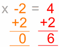 x - 2 = 4  add 2 to left and right