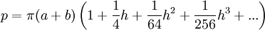 ellipse perimeter approx pi(a+b) (1 + (1/4)h + (1/64)h^2 + (1/256)h^3 + ...)