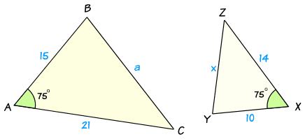 triangles similar both have angle 75 but sides (15,21,a) and (10,14,x)
